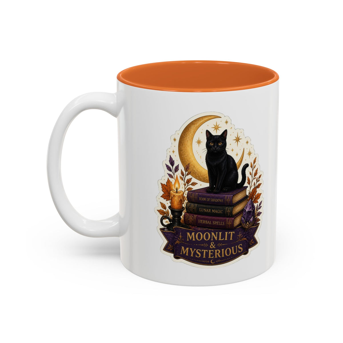 Moonlit and Mysterious Mug, Witchy Black Cat Coffee Mug, Crescent Moon Spell Book Cup, Halloween Witch Gift, Celestial Mug