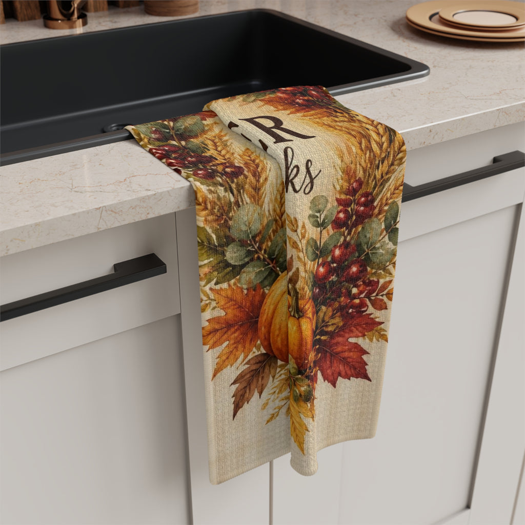 Gather and Give Thanks Tea Towel, Thanksgiving Kitchen Towel, Fall Hand Towel, Autumn Wreath Dish Towel, Hostess Gift, Thanksgiving Decor