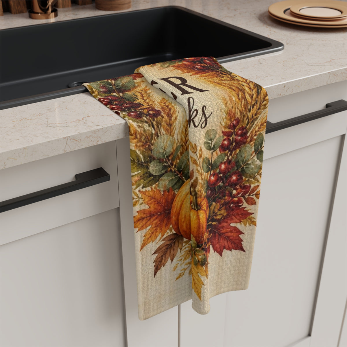 Gather and Give Thanks Tea Towel, Thanksgiving Kitchen Towel, Fall Hand Towel, Autumn Wreath Dish Towel, Hostess Gift, Thanksgiving Decor