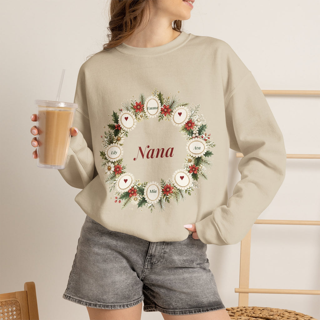 Personalized Nana Sweatshirt with Grandkids Names, Christmas Wreath Grandma Crewneck, Custom Mimi Gigi Sweater, Gift for Grandma