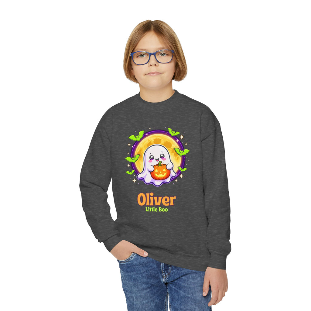 Personalized Halloween Kids Sweatshirt, Custom Name Ghost Crewneck, Little Boo Youth Sweater, Spooky Kids Halloween Shirt Gift