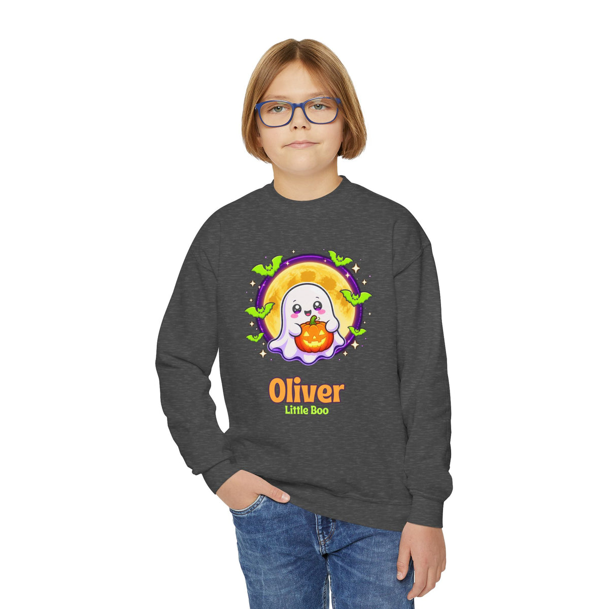 Personalized Halloween Kids Sweatshirt, Custom Name Ghost Crewneck, Little Boo Youth Sweater, Spooky Kids Halloween Shirt Gift