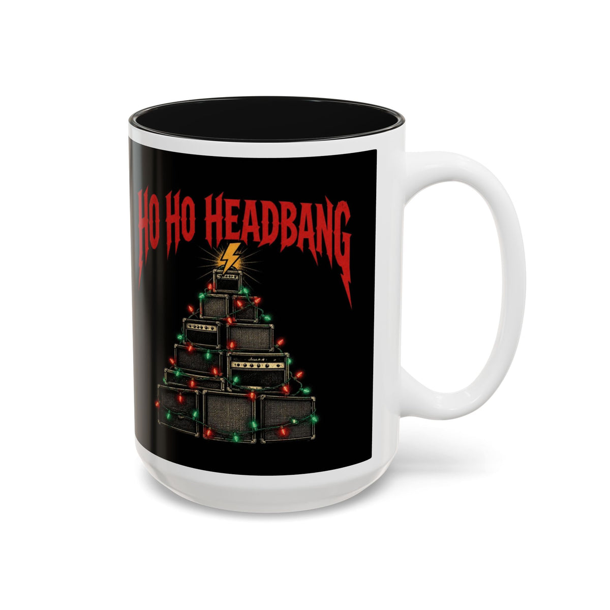 Ho Ho Headbang Christmas Mug, Heavy Metal Coffee Mug, Rock and Roll Holiday Cup, Guitar Amp Christmas Tree, Metalhead Gift for Him