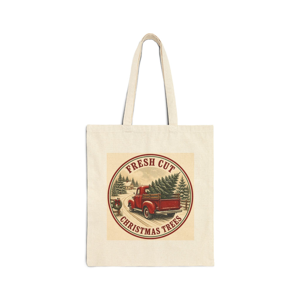 Fresh Cut Christmas Trees Tote Bag, Red Truck Christmas Canvas Tote, Vintage Tree Farm Bag, Farmhouse Christmas Gift Bag