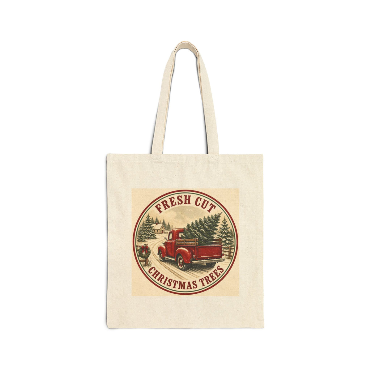 Fresh Cut Christmas Trees Tote Bag, Red Truck Christmas Canvas Tote, Vintage Tree Farm Bag, Farmhouse Christmas Gift Bag