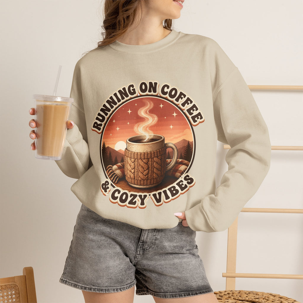 Running on Coffee and Cozy Vibes Sweatshirt, Coffee Lover Crewneck, Cozy Fall Sweatshirt, Retro Coffee Shirt, Gift for Coffee Lover