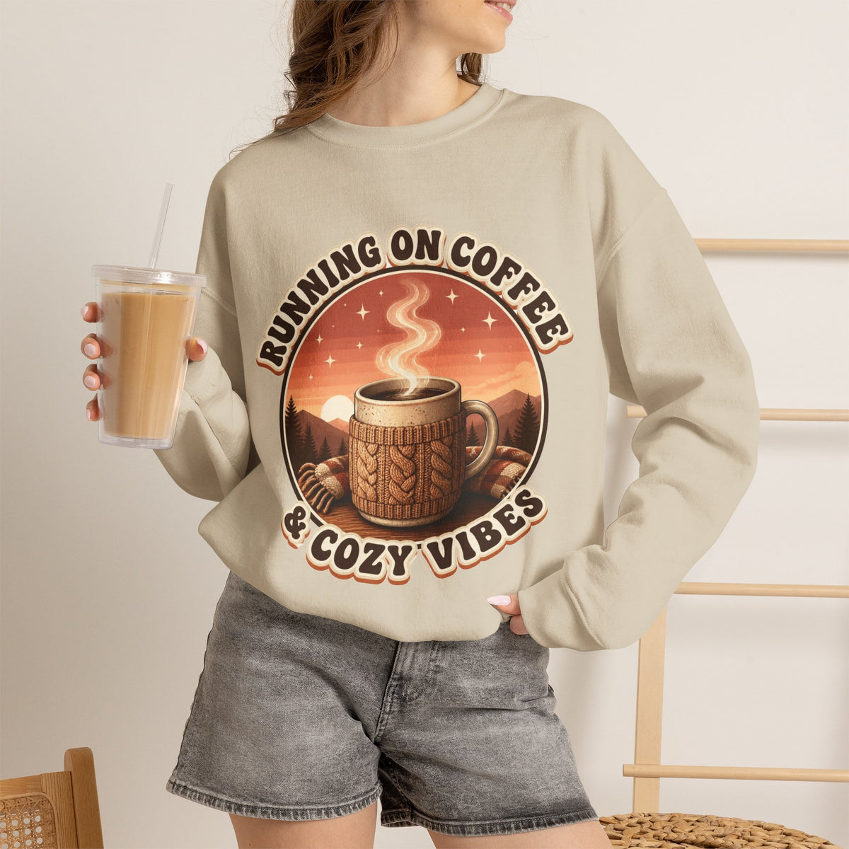 Running on Coffee and Cozy Vibes Sweatshirt, Coffee Lover Crewneck, Cozy Fall Sweatshirt, Retro Coffee Shirt, Gift for Coffee Lover