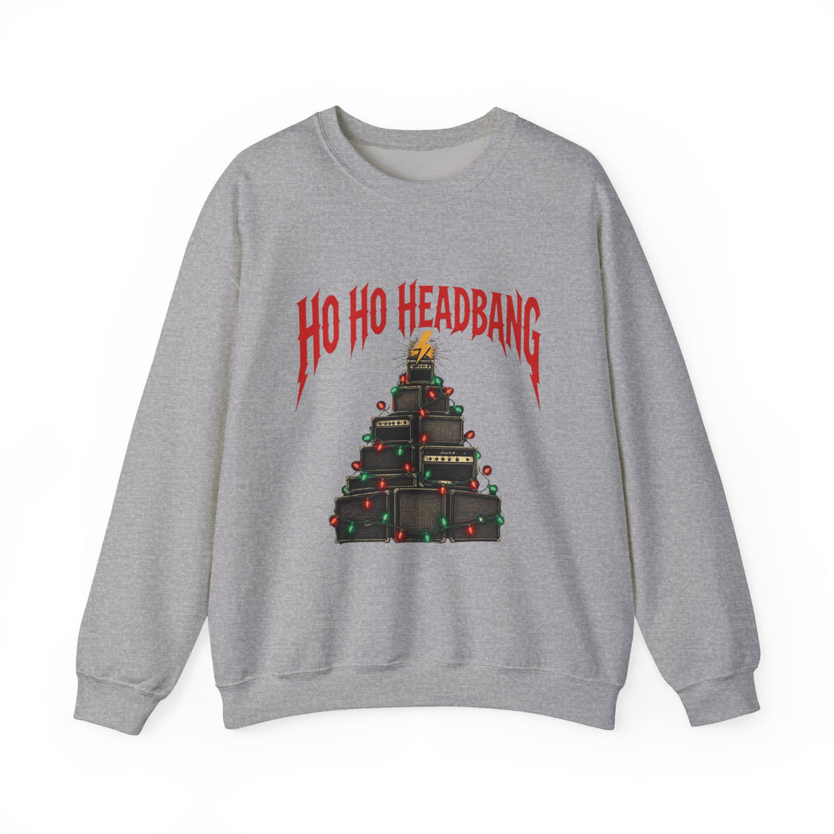 Ho Ho Headbang Christmas Sweatshirt, Heavy Metal Christmas Sweater, Rock and Roll Holiday Crewneck, Guitar Amp Tree, Metalhead Gift