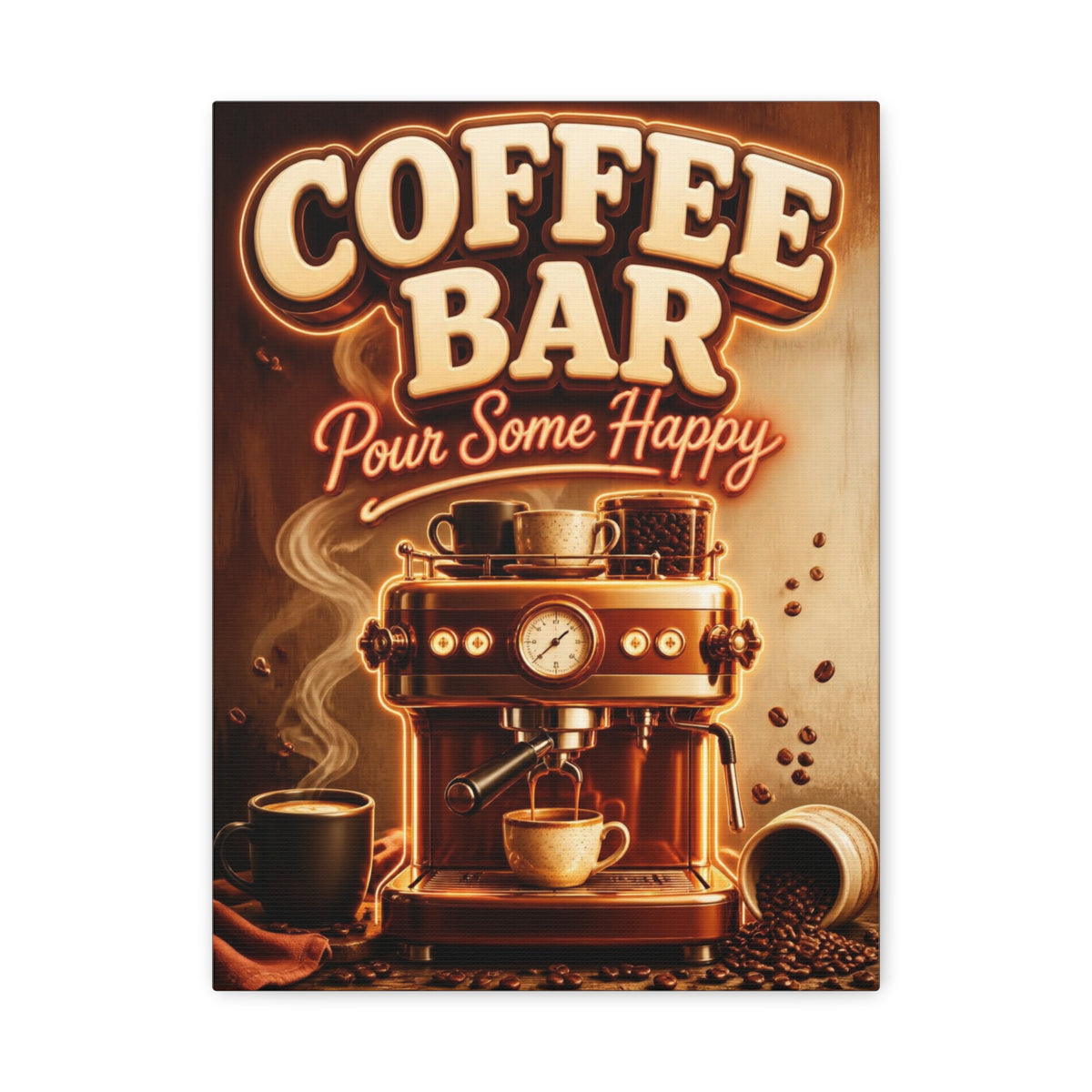 Coffee Bar Sign Canvas, Pour Some Happy Wall Art, Retro Espresso Kitchen Decor, Coffee Station Print, Coffee Lover Gift, Vertical Canvas