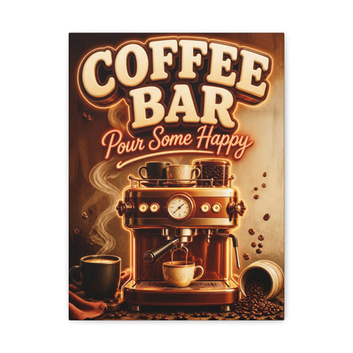 Coffee Bar Sign Canvas, Pour Some Happy Wall Art, Retro Espresso Kitchen Decor, Coffee Station Print, Coffee Lover Gift, Vertical Canvas