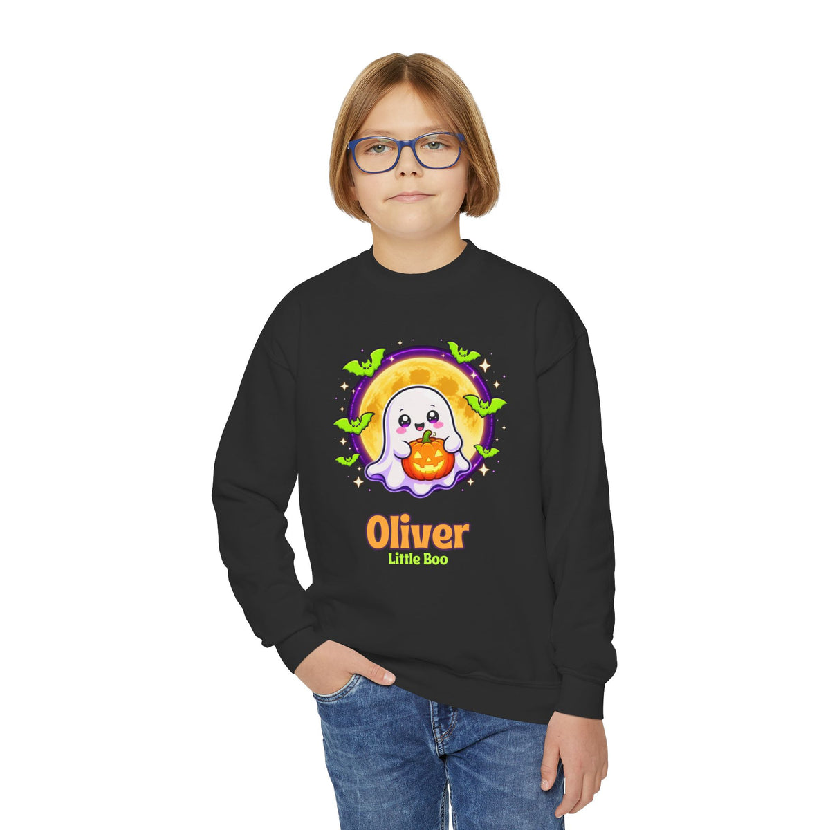 Personalized Halloween Kids Sweatshirt, Custom Name Ghost Crewneck, Little Boo Youth Sweater, Spooky Kids Halloween Shirt Gift
