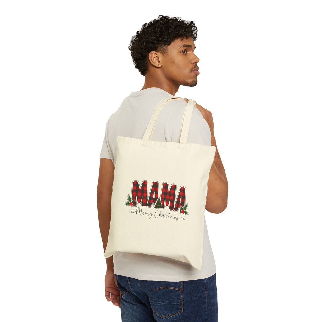 Mama Christmas Tote Bag, Buffalo Plaid Mama Canvas Tote, Merry Christmas Mom Bag, Red Plaid Holiday Tote, Gift for Mom