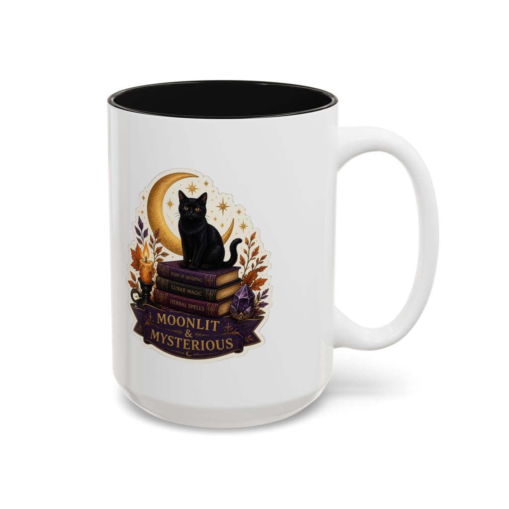 Moonlit and Mysterious Mug, Witchy Black Cat Coffee Mug, Crescent Moon Spell Book Cup, Halloween Witch Gift, Celestial Mug