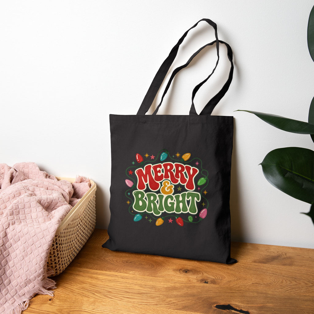 Merry and Bright Tote Bag, Retro Christmas Canvas Tote, Groovy Christmas Lights Bag, Vintage Holiday Tote, Cute Gift Bag