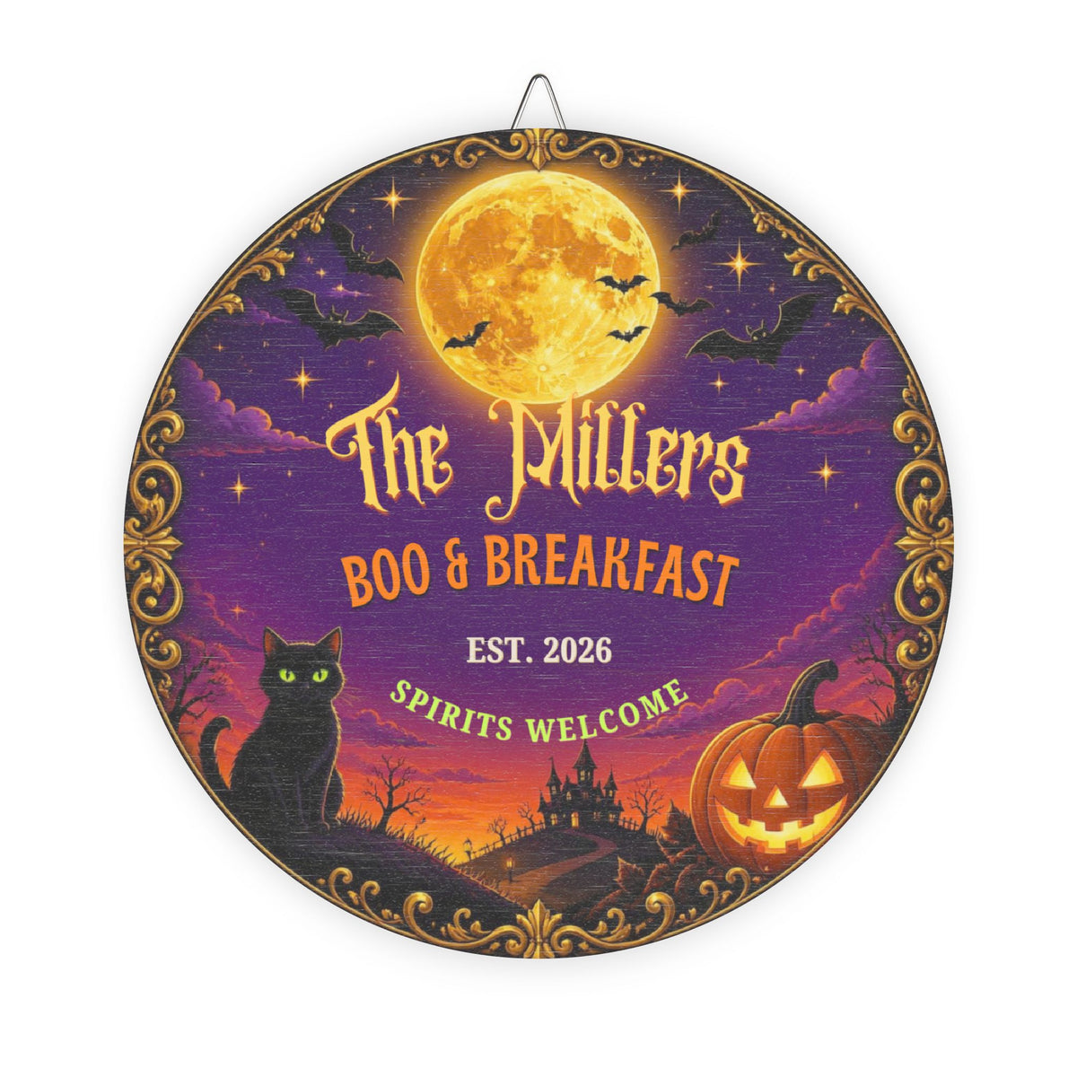 Personalized Halloween Family Name Sign, Boo and Breakfast Round Wood Door Sign, Custom Spooky Porch Decor, Halloween Gift