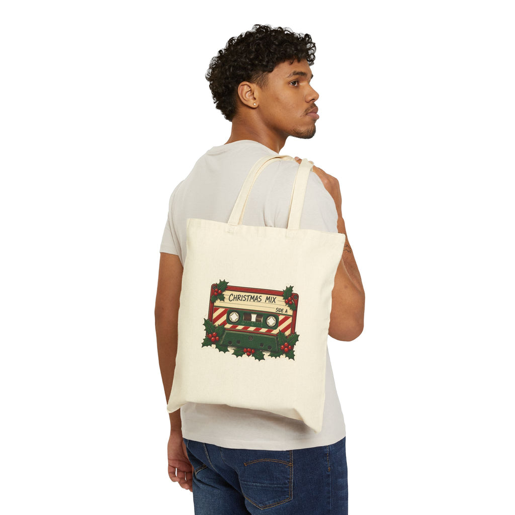 Christmas Mix Cassette Tote Bag, Retro Christmas Canvas Tote, 80s 90s Mixtape Bag, Vintage Music Gift, Holiday Shopping Tote