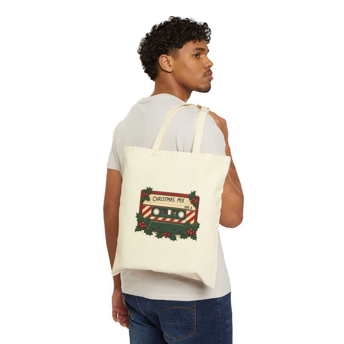 Christmas Mix Cassette Tote Bag, Retro Christmas Canvas Tote, 80s 90s Mixtape Bag, Vintage Music Gift, Holiday Shopping Tote