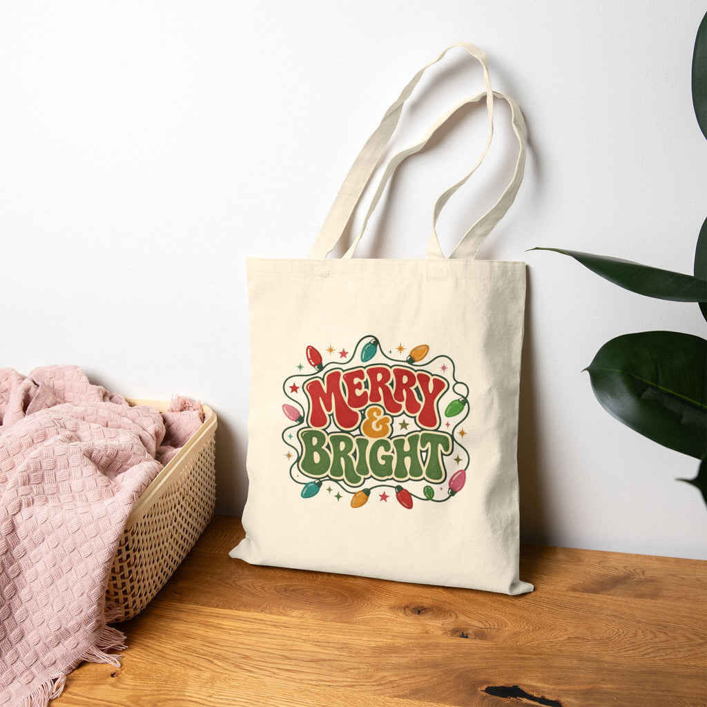 Merry and Bright Tote Bag, Retro Christmas Canvas Tote, Groovy Christmas Lights Bag, Vintage Holiday Tote, Cute Gift Bag