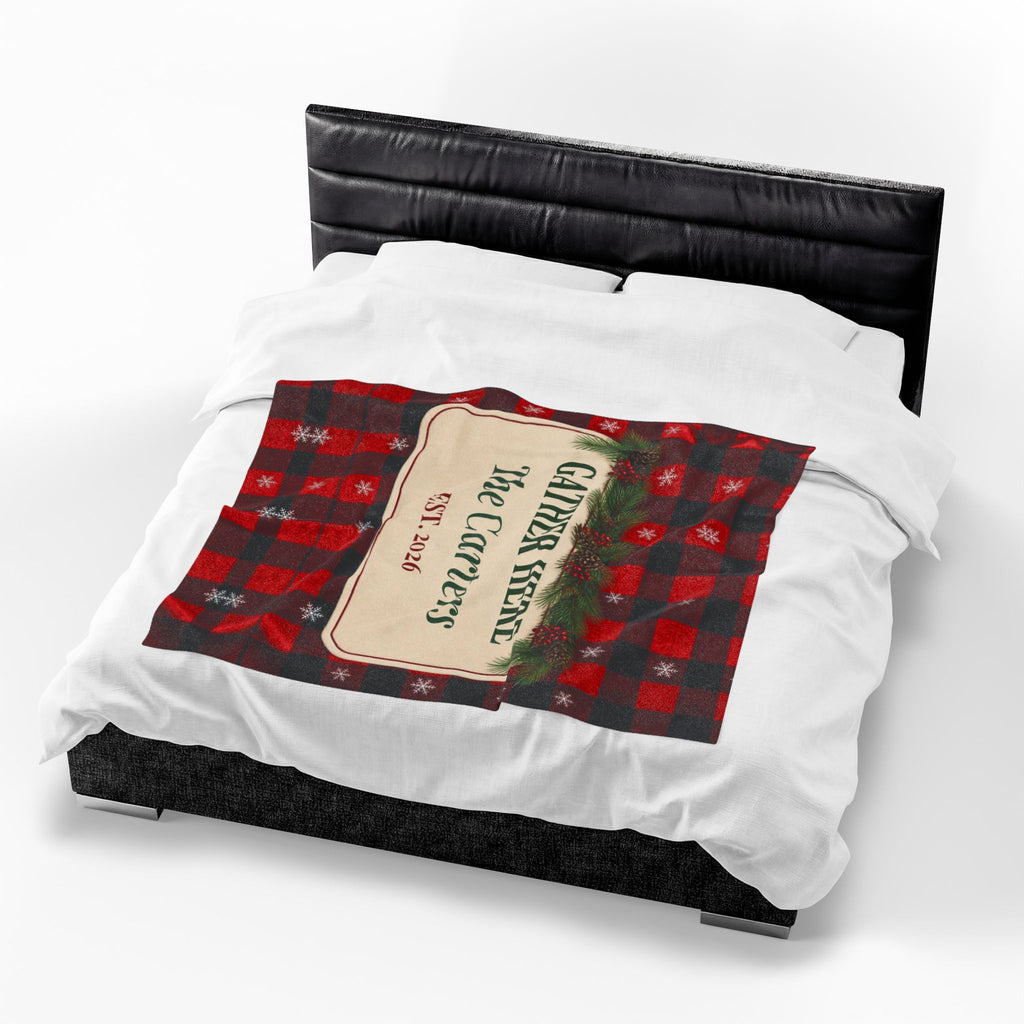 Personalized Christmas Blanket, Gather Here Family Name Throw, Buffalo Plaid Blanket, Custom Christmas Gift, Established Year Plush Throw