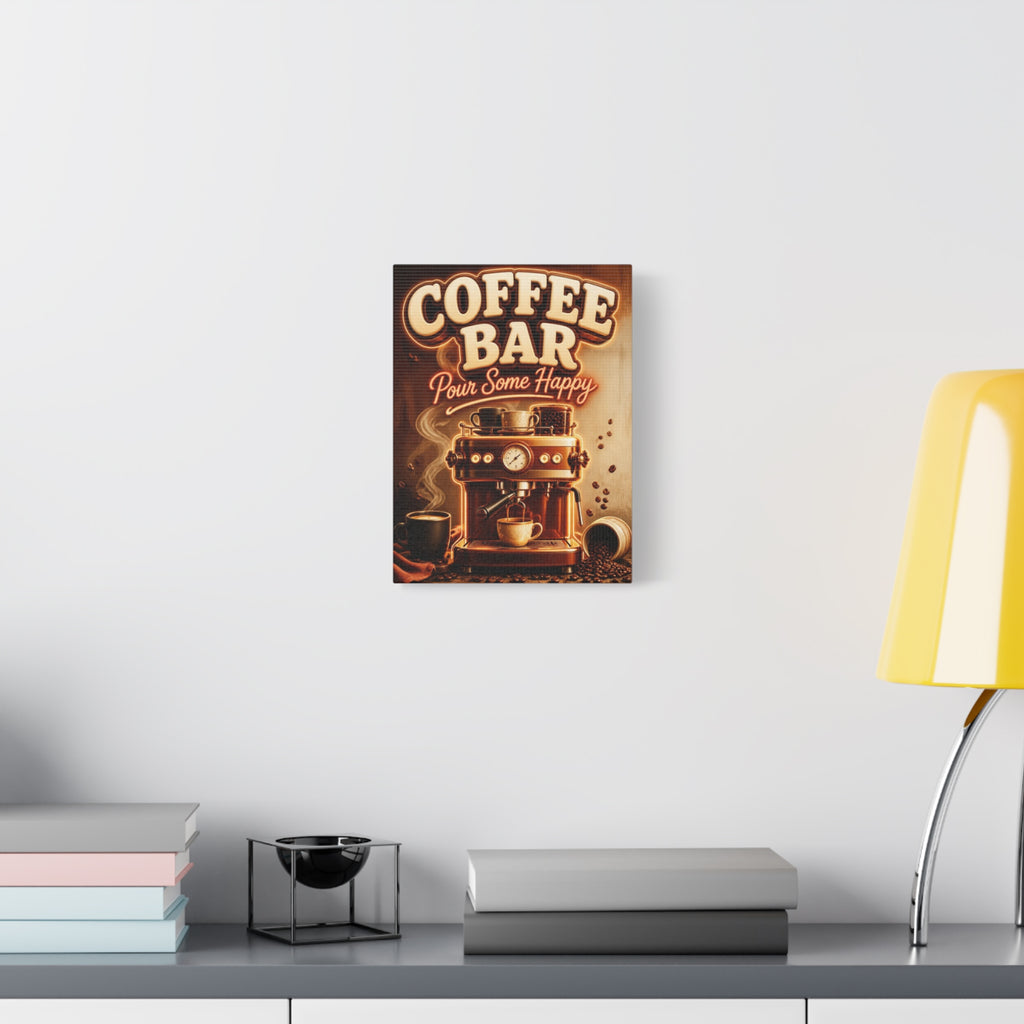Coffee Bar Sign Canvas, Pour Some Happy Wall Art, Retro Espresso Kitchen Decor, Coffee Station Print, Coffee Lover Gift, Vertical Canvas