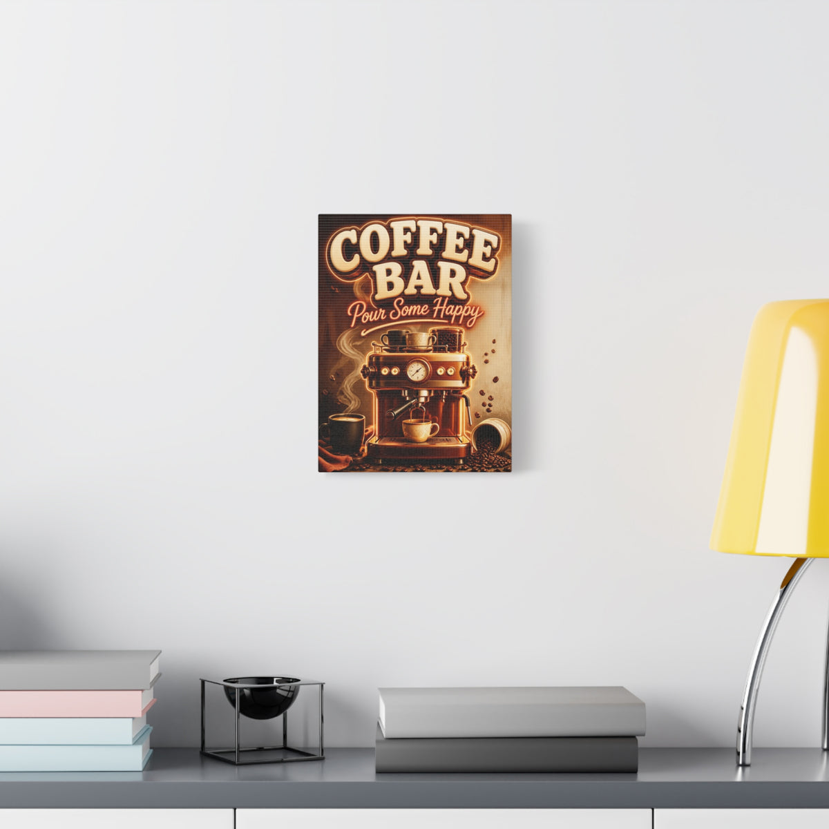 Coffee Bar Sign Canvas, Pour Some Happy Wall Art, Retro Espresso Kitchen Decor, Coffee Station Print, Coffee Lover Gift, Vertical Canvas
