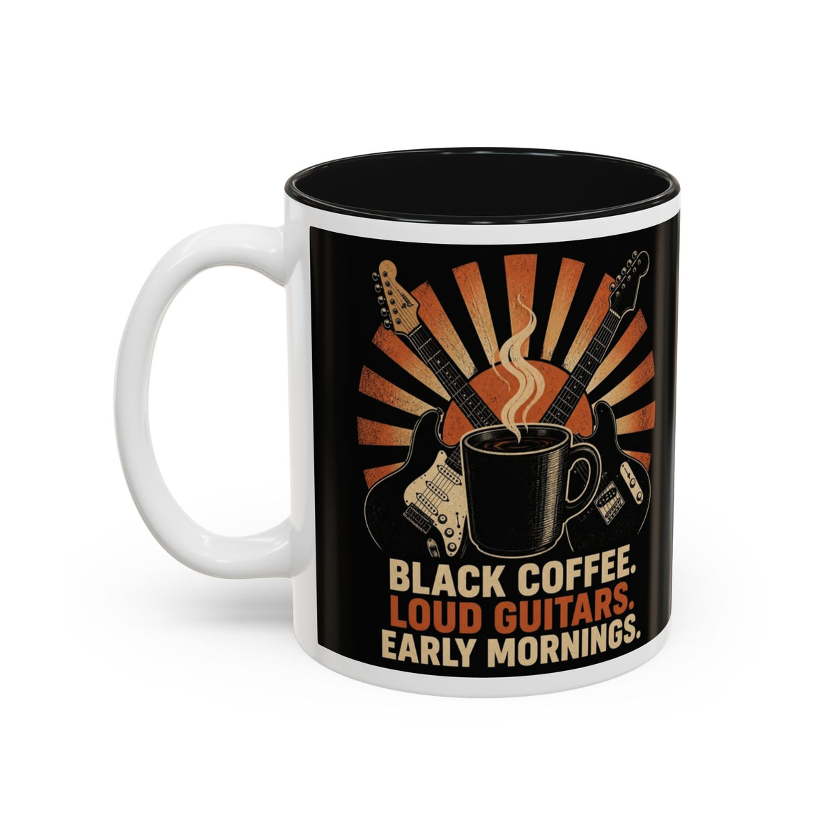 Black Coffee Loud Guitars Early Mornings Mug, Guitar Player Coffee Mug, Rock and Roll Cup, Musician Gift, Guitarist Gift for Him