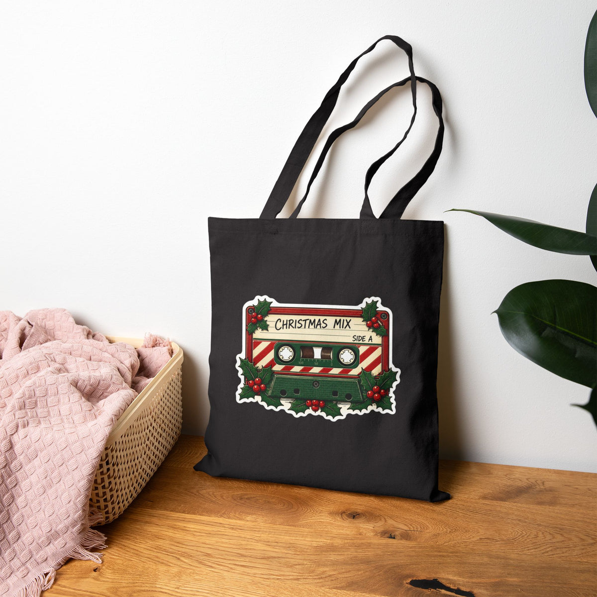 Christmas Mix Cassette Tote Bag, Retro Christmas Canvas Tote, 80s 90s Mixtape Bag, Vintage Music Gift, Holiday Shopping Tote