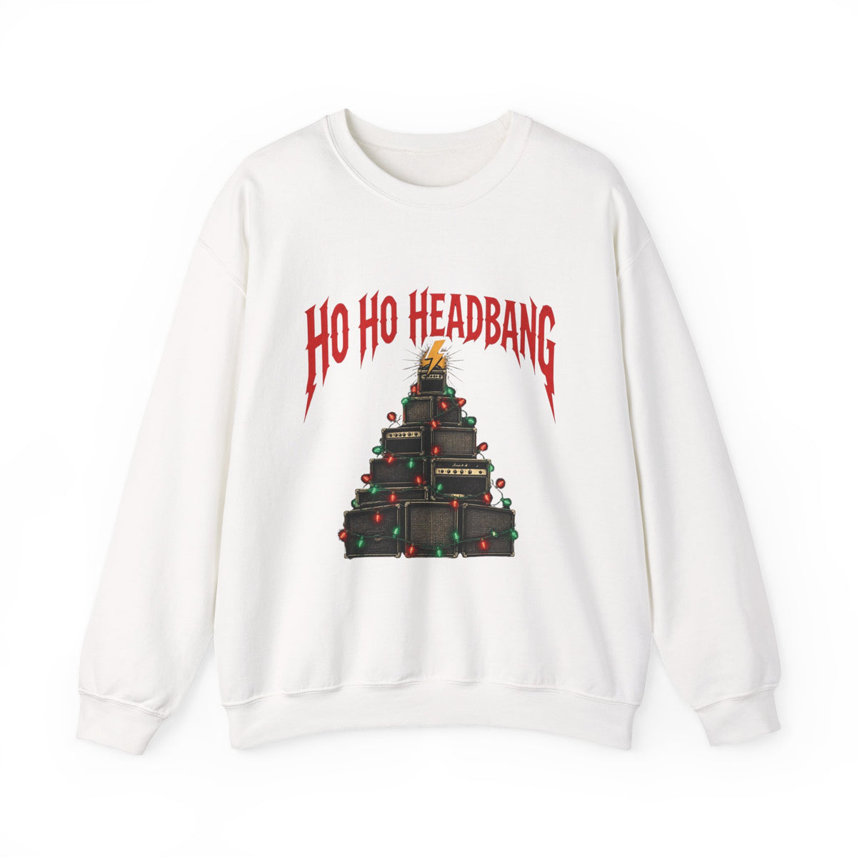 Ho Ho Headbang Christmas Sweatshirt, Heavy Metal Christmas Sweater, Rock and Roll Holiday Crewneck, Guitar Amp Tree, Metalhead Gift
