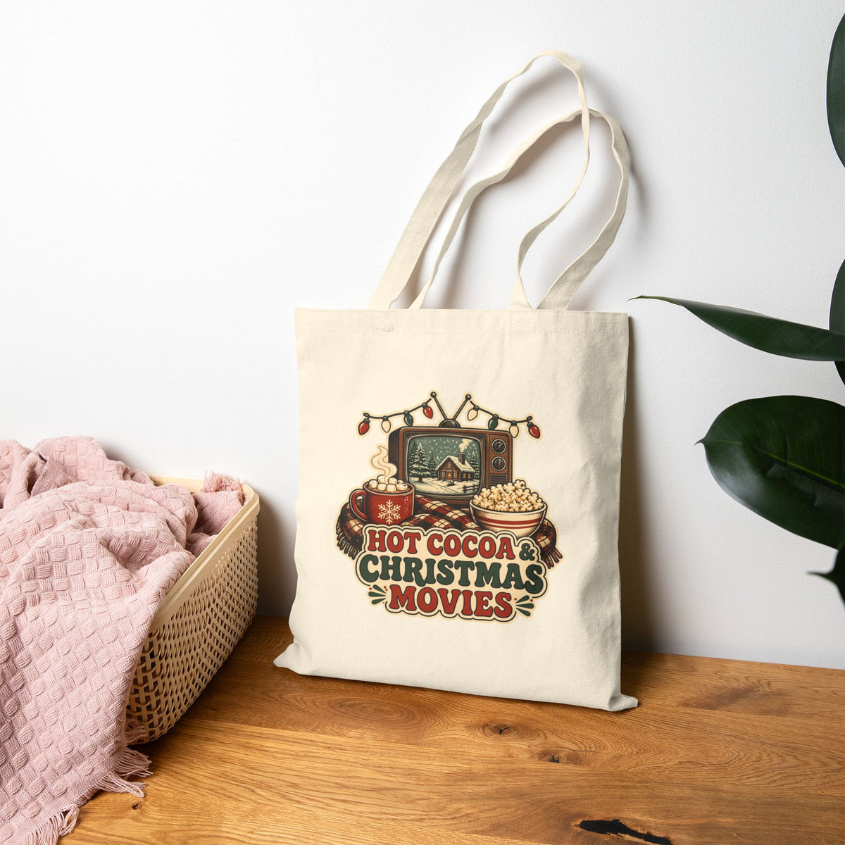 Hot Cocoa and Christmas Movies Tote Bag, Cozy Christmas Canvas Tote, Movie Night Holiday Bag, Christmas Movie Lover Gift