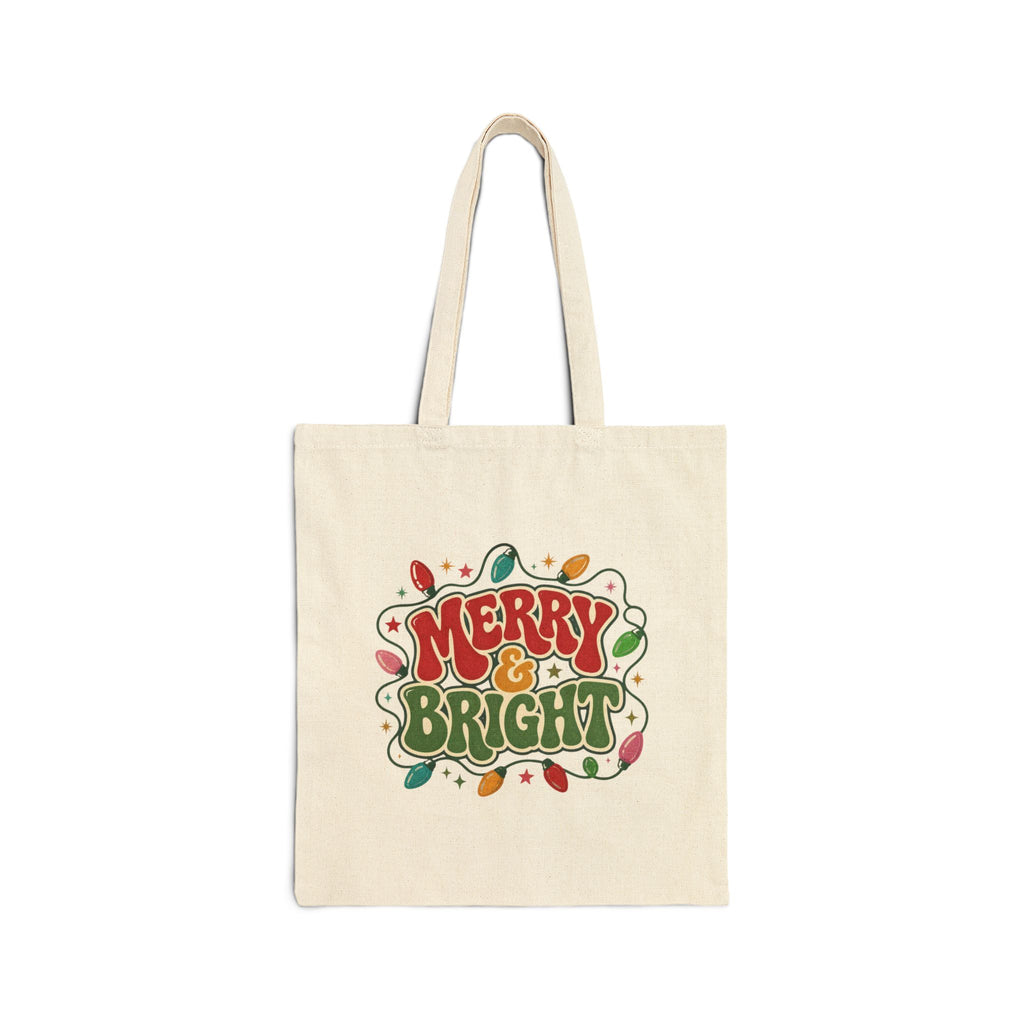 Merry and Bright Tote Bag, Retro Christmas Canvas Tote, Groovy Christmas Lights Bag, Vintage Holiday Tote, Cute Gift Bag
