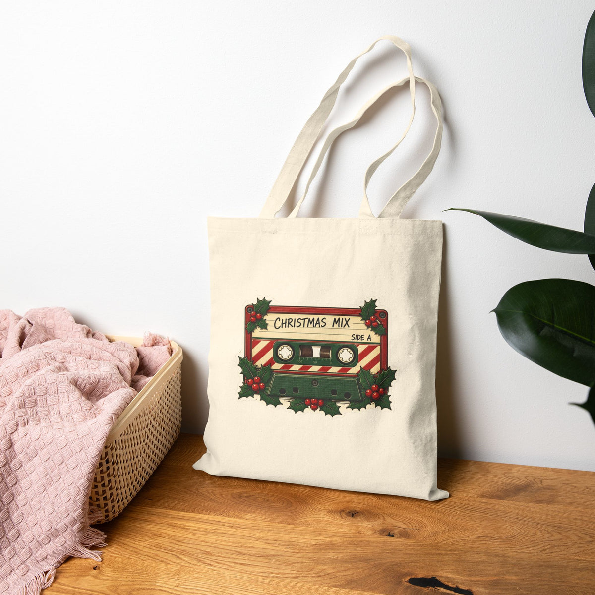 Christmas Mix Cassette Tote Bag, Retro Christmas Canvas Tote, 80s 90s Mixtape Bag, Vintage Music Gift, Holiday Shopping Tote