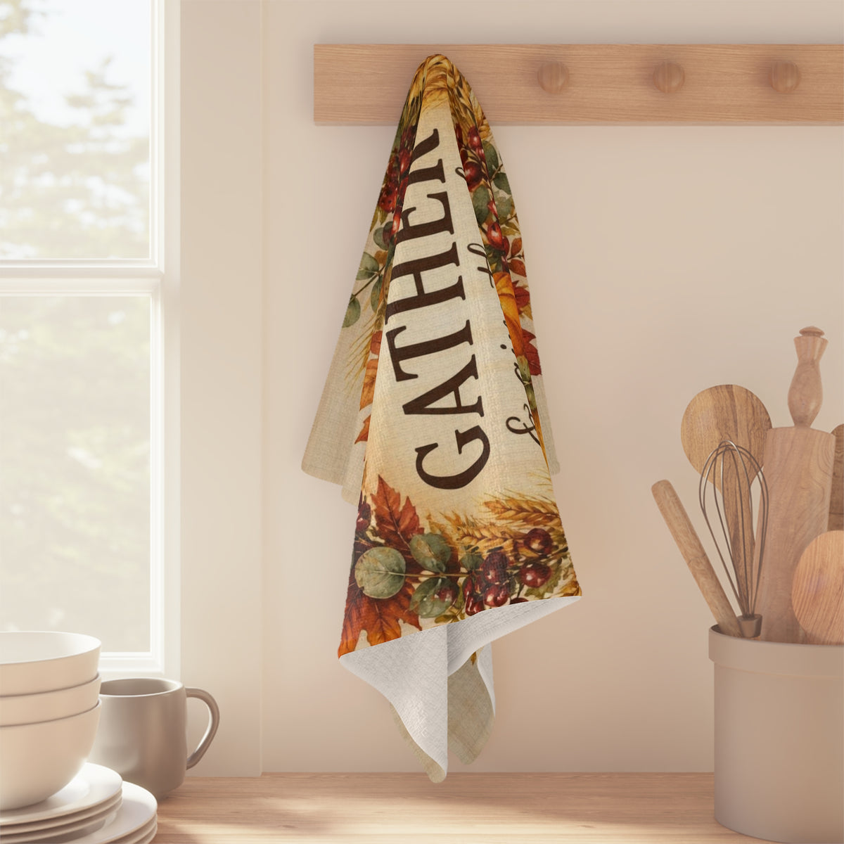 Gather and Give Thanks Tea Towel, Thanksgiving Kitchen Towel, Fall Hand Towel, Autumn Wreath Dish Towel, Hostess Gift, Thanksgiving Decor