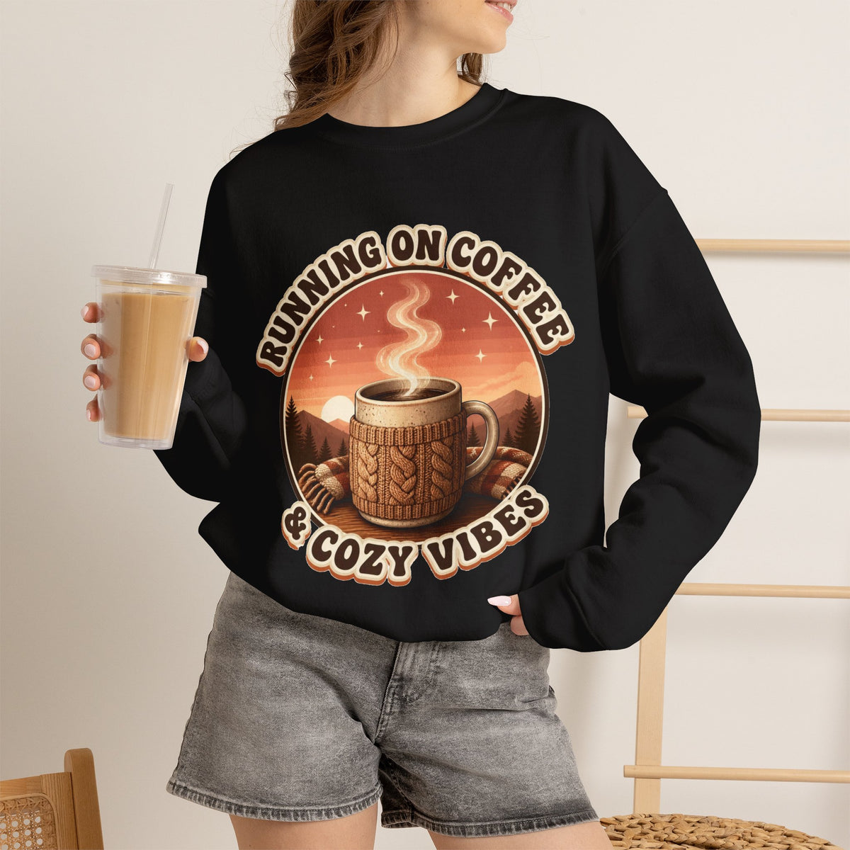 Running on Coffee and Cozy Vibes Sweatshirt, Coffee Lover Crewneck, Cozy Fall Sweatshirt, Retro Coffee Shirt, Gift for Coffee Lover