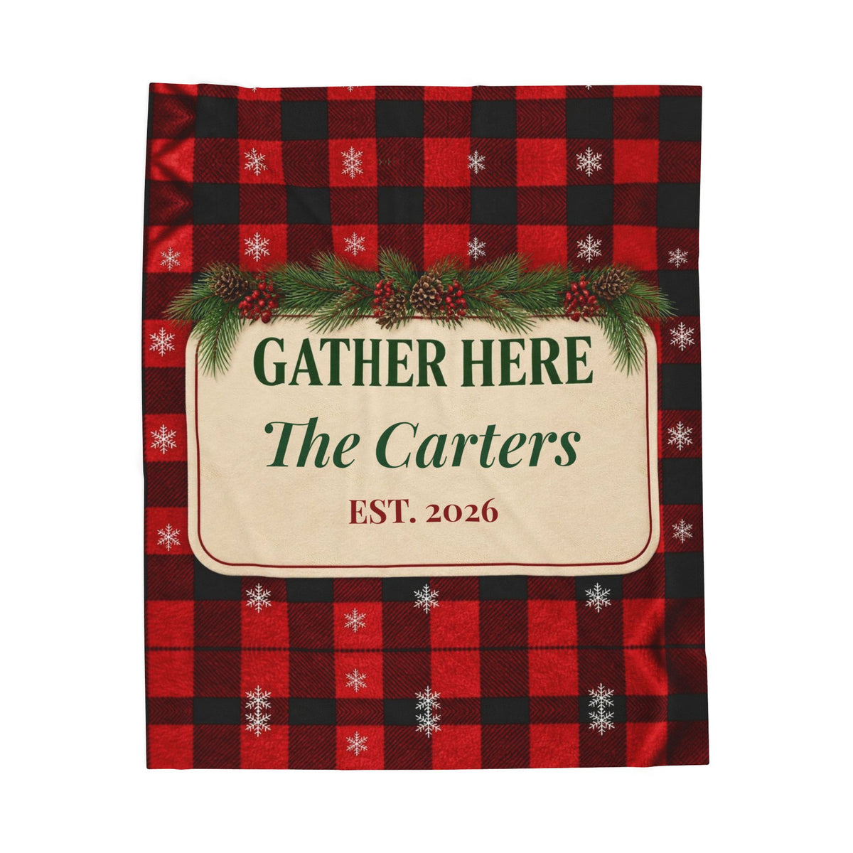 Personalized Christmas Blanket, Gather Here Family Name Throw, Buffalo Plaid Blanket, Custom Christmas Gift, Established Year Plush Throw