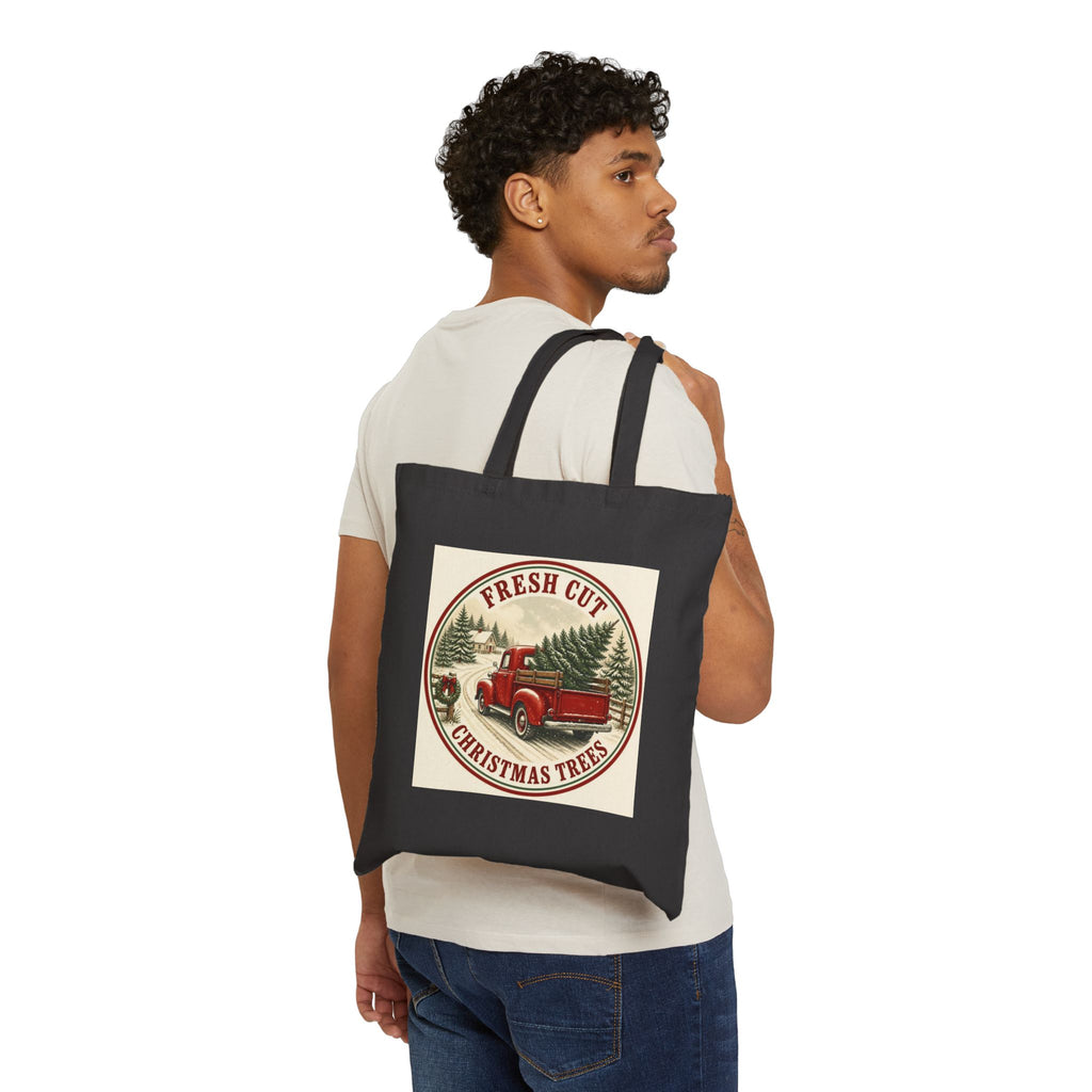 Fresh Cut Christmas Trees Tote Bag, Red Truck Christmas Canvas Tote, Vintage Tree Farm Bag, Farmhouse Christmas Gift Bag