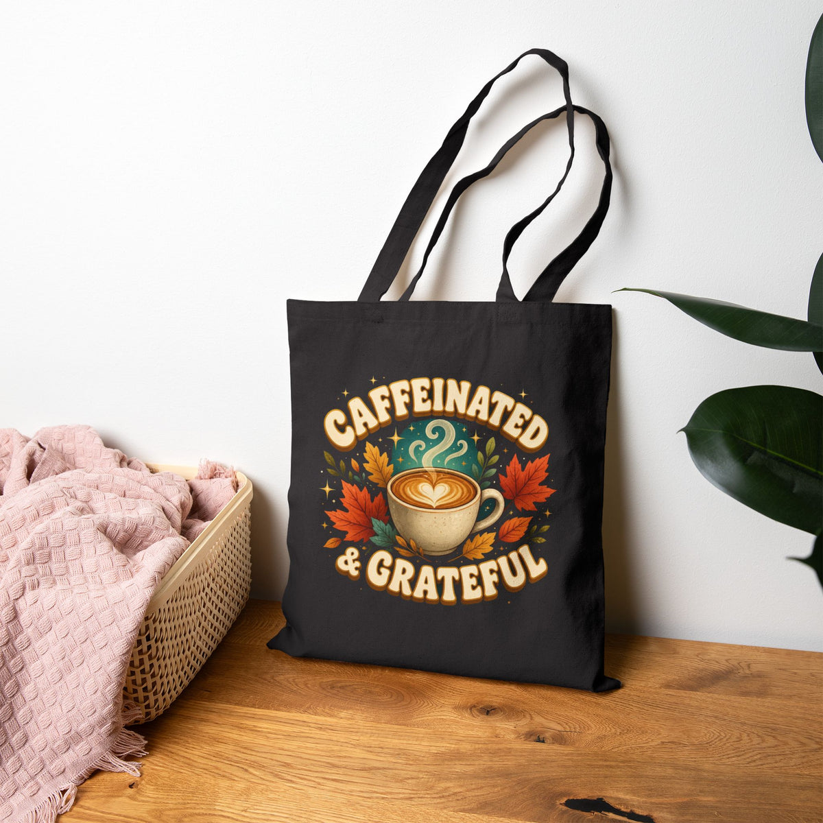 Caffeinated and Grateful Tote Bag, Coffee Lover Tote, Fall Canvas Bag, Cute Coffee Gift, Thankful Tote, Autumn Book Bag, Gift for Her