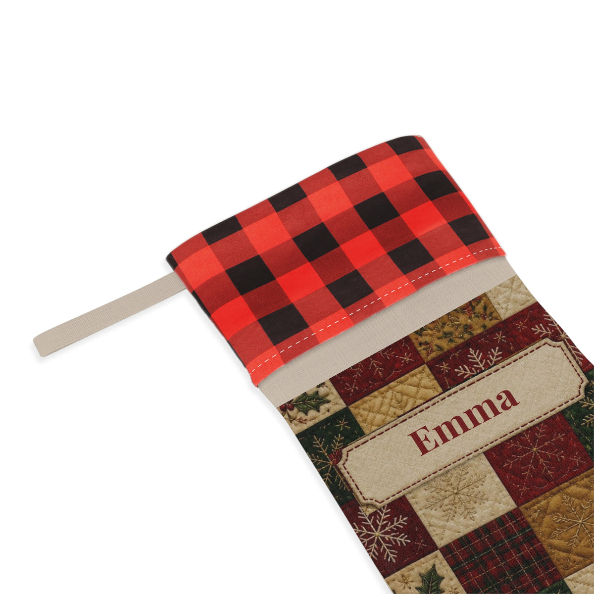 Personalized Christmas Stocking, Custom Name Stocking, Patchwork Quilt Stocking, Buffalo Plaid Cuff, Family Stockings, Kids Name Stocking