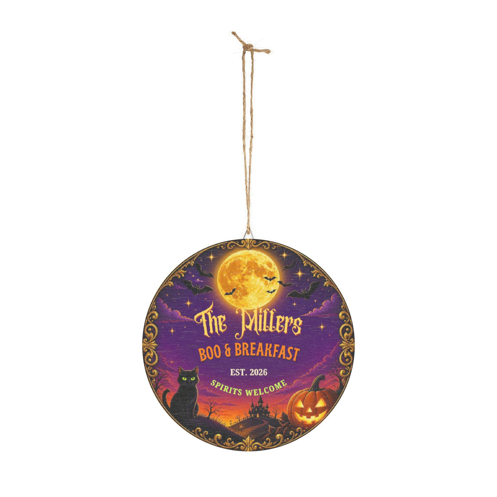 Personalized Halloween Family Name Sign, Boo and Breakfast Round Wood Door Sign, Custom Spooky Porch Decor, Halloween Gift