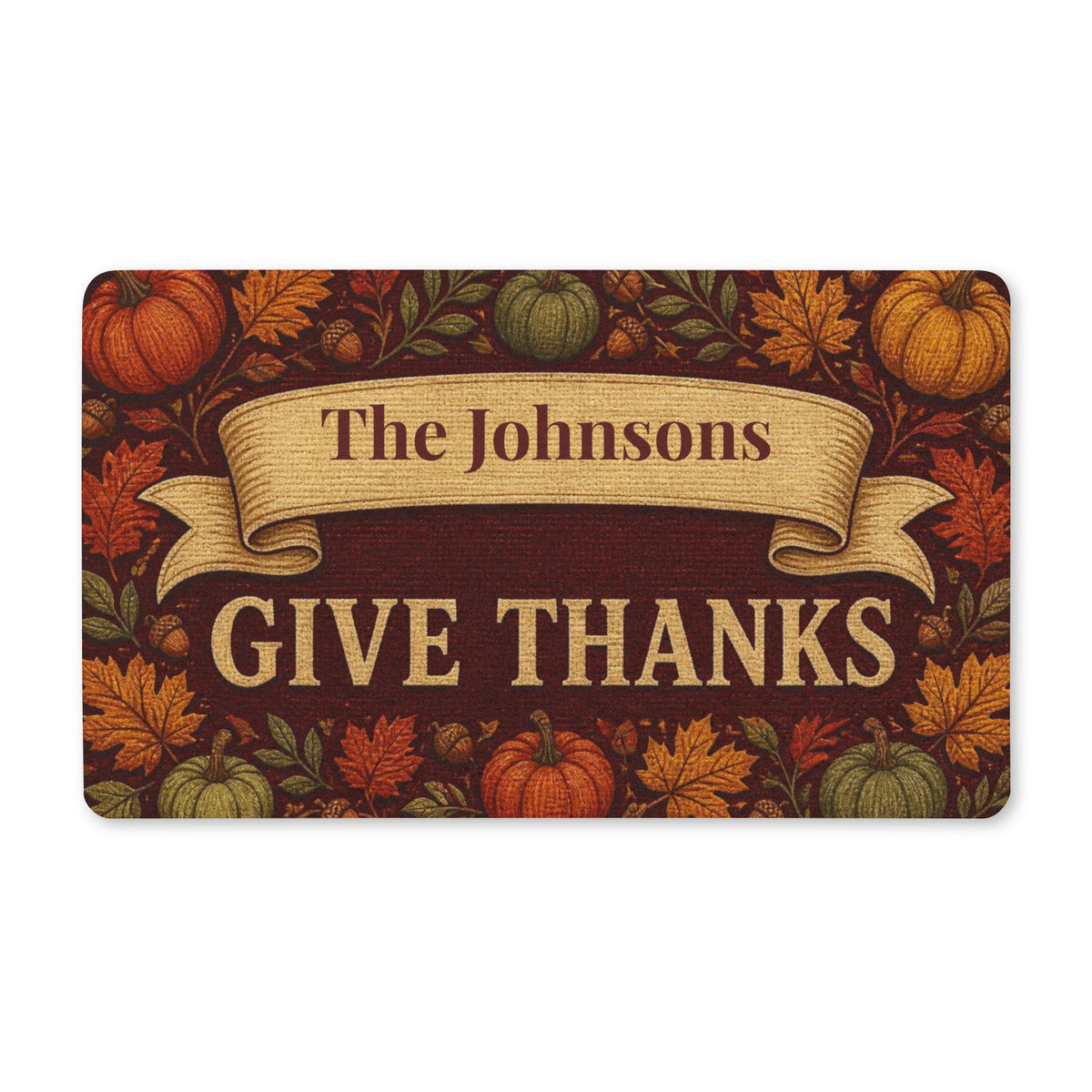Personalized Thanksgiving Doormat, Give Thanks Family Name Door Mat, Custom Fall Welcome Mat, Pumpkin Porch Decor, Housewarming Gift