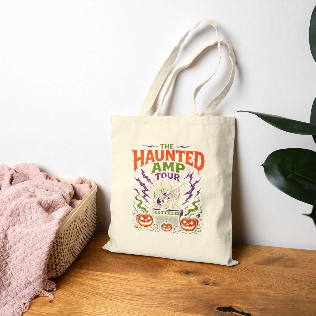 Haunted Amp Tour Halloween Tote Bag, Ghost Guitar Canvas Tote, Spooky Rock and Roll Bag, Trick or Treat Bag, Musician Gift