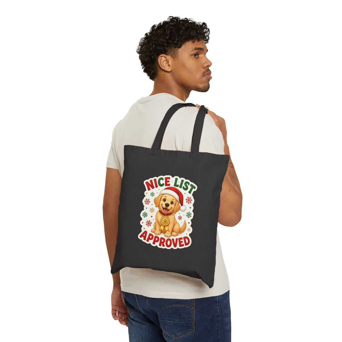 Nice List Approved Dog Tote Bag, Christmas Dog Canvas Tote, Golden Retriever Santa Bag, Dog Mom Gift, Dog Lover Christmas Tote