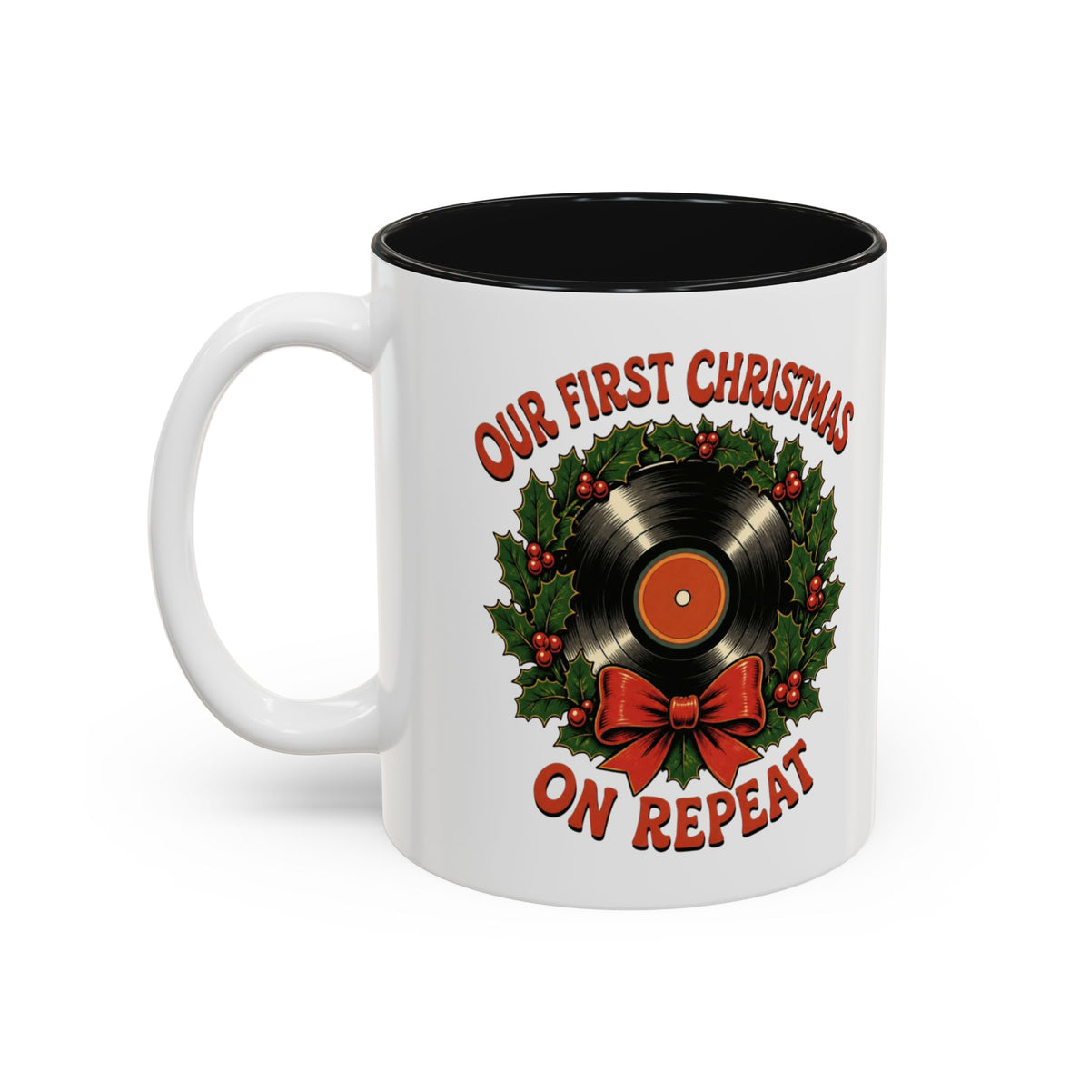 Our First Christmas Mug, First Christmas Together Coffee Mug, Vinyl Record Wreath Cup, Couples Christmas Gift, Married 2026 Gift