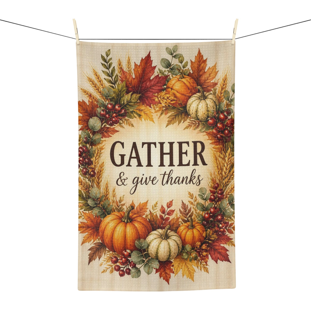 Gather and Give Thanks Tea Towel, Thanksgiving Kitchen Towel, Fall Hand Towel, Autumn Wreath Dish Towel, Hostess Gift, Thanksgiving Decor