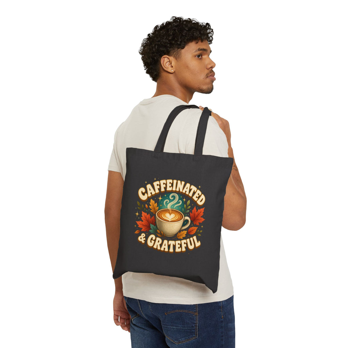 Caffeinated and Grateful Tote Bag, Coffee Lover Tote, Fall Canvas Bag, Cute Coffee Gift, Thankful Tote, Autumn Book Bag, Gift for Her