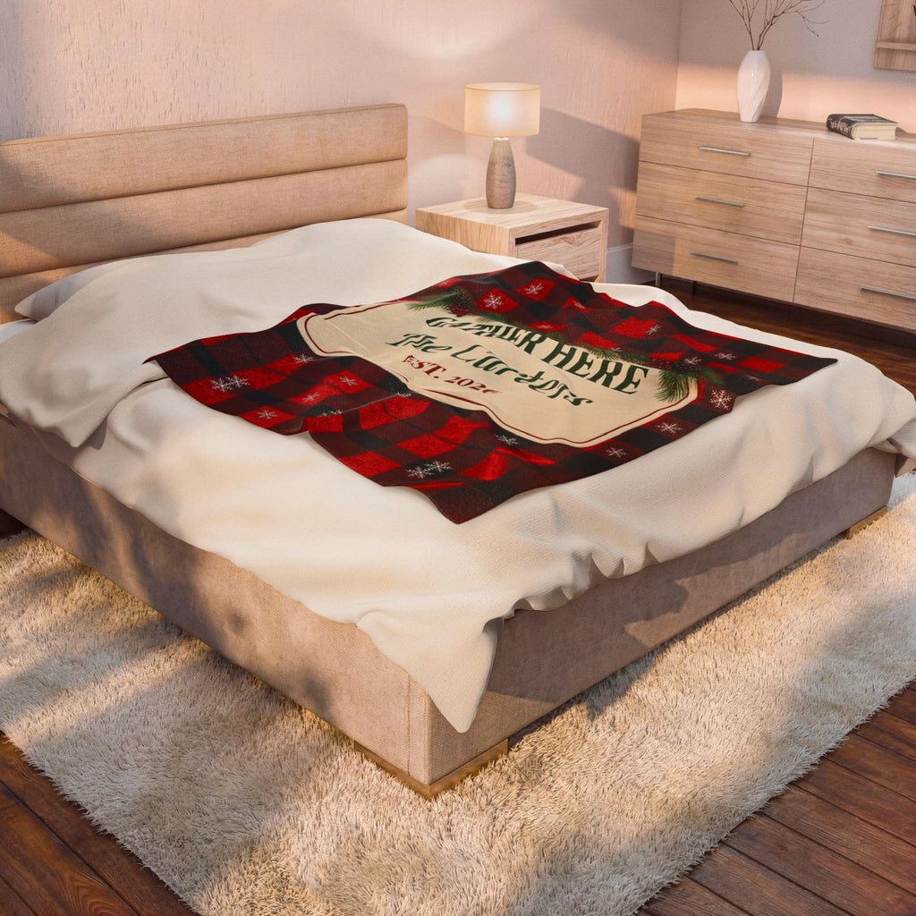 Personalized Christmas Blanket, Gather Here Family Name Throw, Buffalo Plaid Blanket, Custom Christmas Gift, Established Year Plush Throw