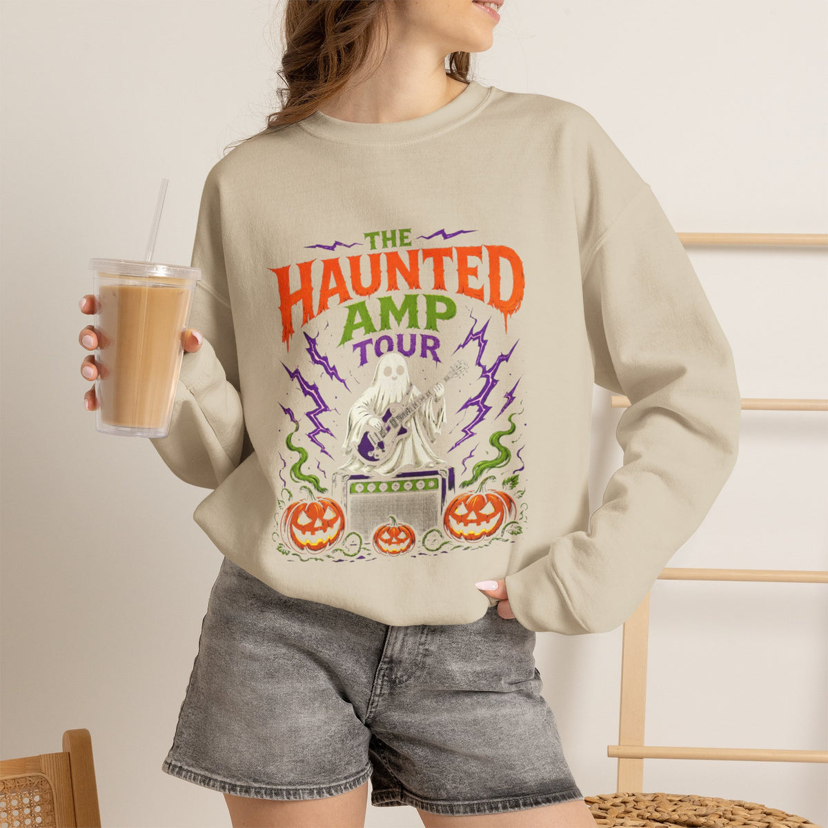 Haunted Amp Tour Halloween Sweatshirt, Ghost Guitar Crewneck, Spooky Rock and Roll Sweater, Cute Ghost Shirt, Musician Gift