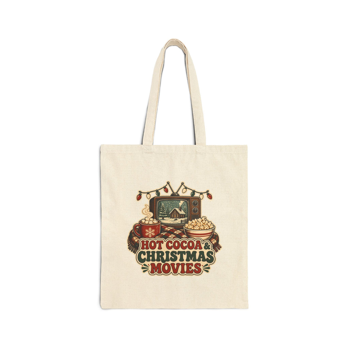 Hot Cocoa and Christmas Movies Tote Bag, Cozy Christmas Canvas Tote, Movie Night Holiday Bag, Christmas Movie Lover Gift