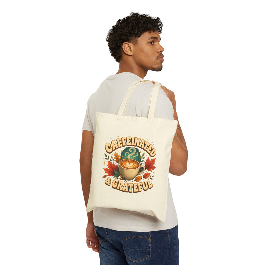 Caffeinated and Grateful Tote Bag, Coffee Lover Tote, Fall Canvas Bag, Cute Coffee Gift, Thankful Tote, Autumn Book Bag, Gift for Her