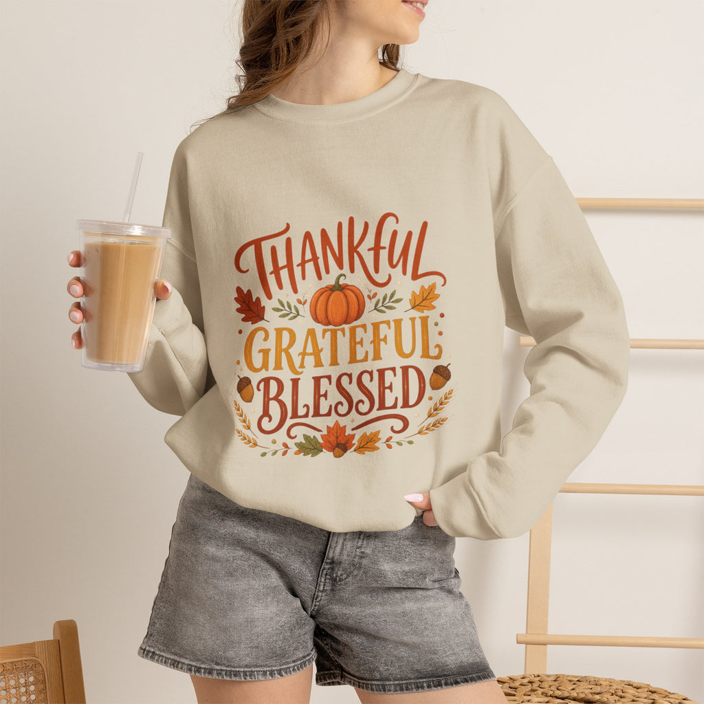 Thankful Grateful Blessed Sweatshirt, Thanksgiving Crewneck, Fall Pumpkin Sweater, Autumn Leaves Shirt, Cozy Fall Gift