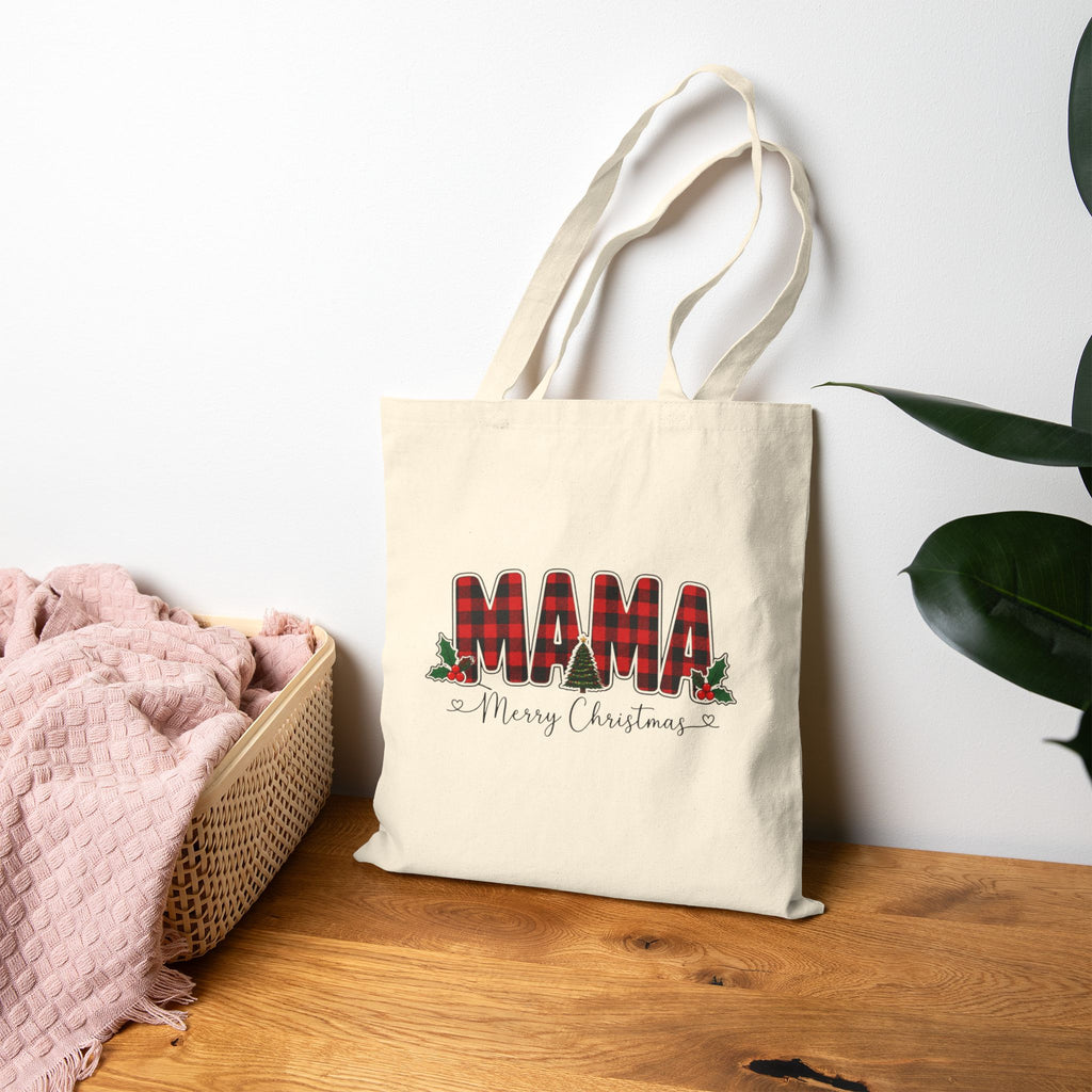 Mama Christmas Tote Bag, Buffalo Plaid Mama Canvas Tote, Merry Christmas Mom Bag, Red Plaid Holiday Tote, Gift for Mom